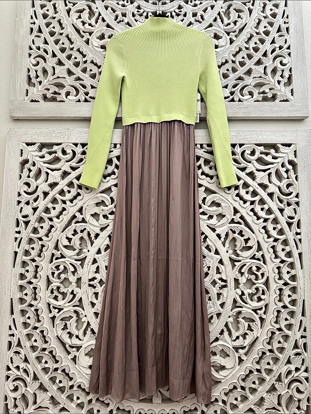 Anthropologie Neon Lime Ribbed Top with Taupe Pleated Maxi Skirt Dress